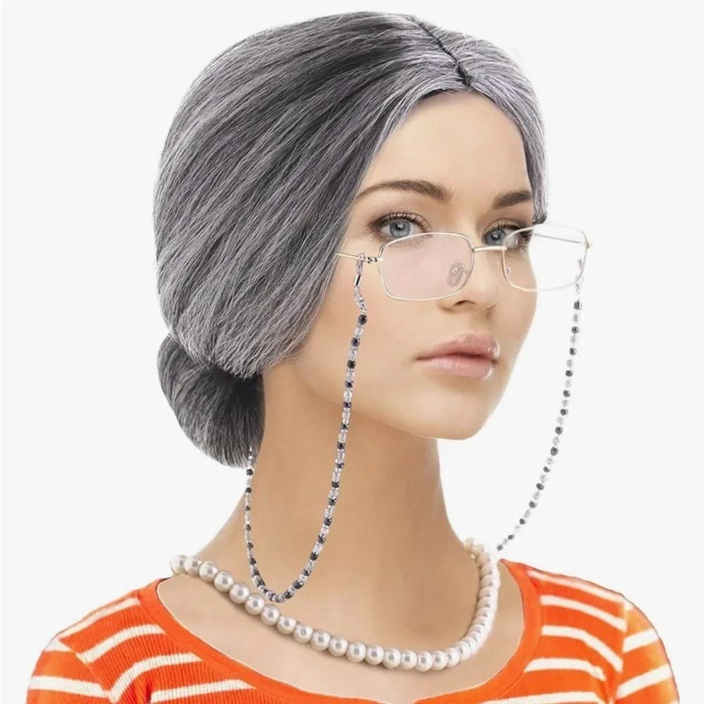 Feacole Old Lady Costume Set-Grandmother Wig,Wig Caps, Madea Granny Glasses